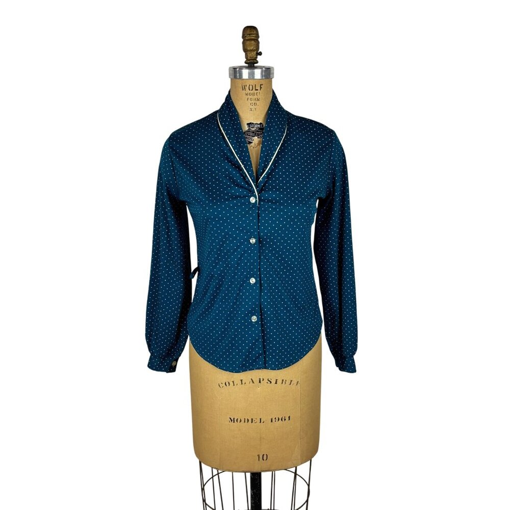 Vintage 70s Polka Dot Shirt Womens Small Teal Rolled Collar Long Sleeve Top